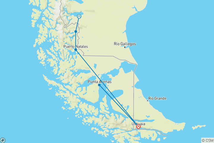 Map of Torres del Paine and Ushuaia Adventure 9D/8N