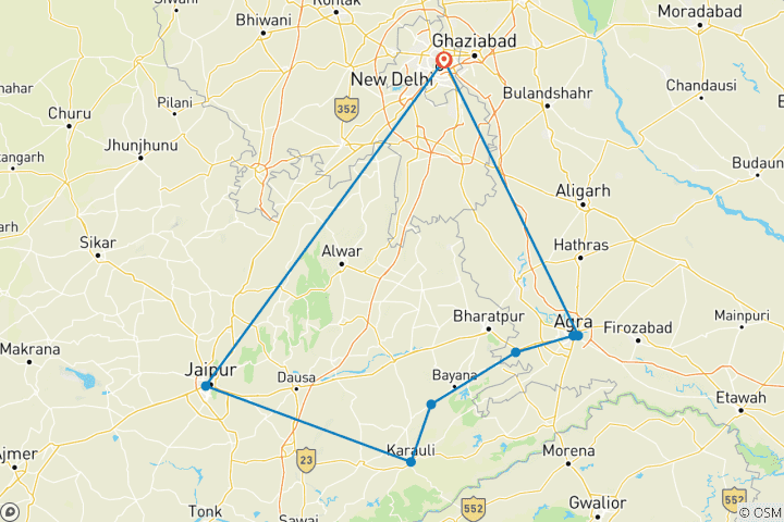 Map of India's Golden Triangle (8 destinations)