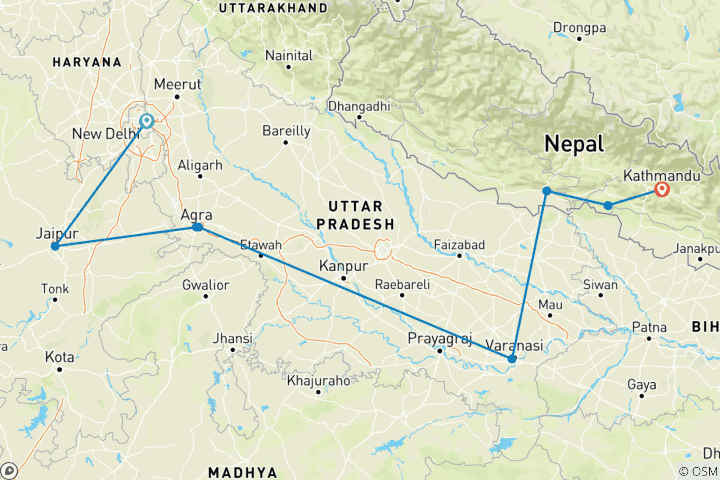 Map of Real Delhi to Kathmandu (from Delhi to Kathmandu)