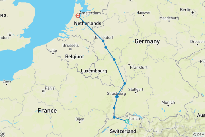 Map of Tulips & the Rhine 2026 - 8 Days (from Zurich to Amsterdam)