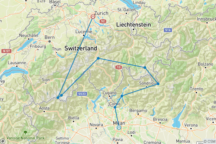 Map of A Scenic Journey from Milan to the Swiss Alps