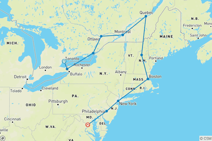 Map of Best of Eastern Canada and USA (Classic, 14 Days)