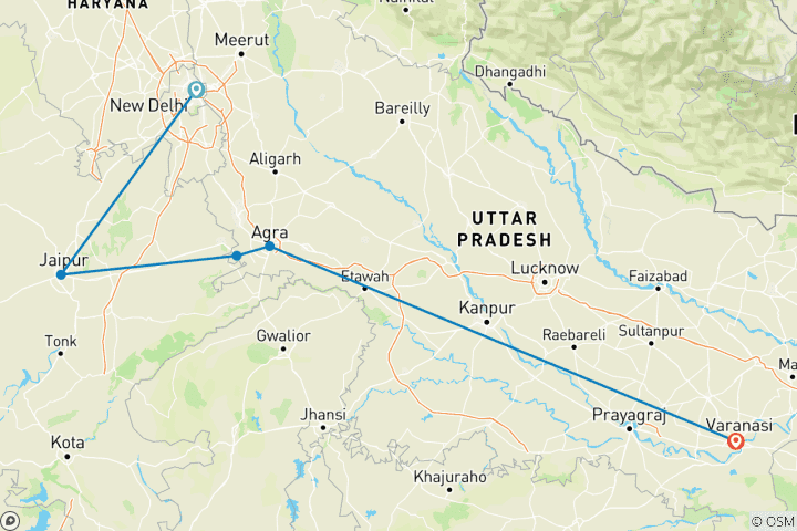 Carte du circuit Circuit privé de 7 jours du Triangle d'Or de l'Inde avec Varanasi