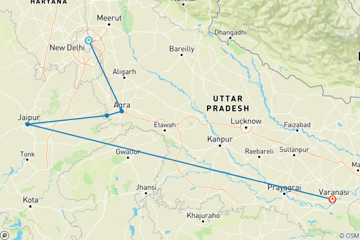 Map of Private 7-Day Tour of Golden Triangle of India with Varanasi