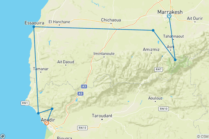 Map of Marrakech to Agadir Via Agafay Desrt, Essaouira, and Taghazout.