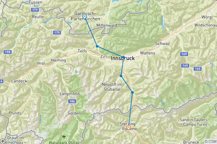 Map of Alpine crossing Garmisch Sterzing with your own rucksack