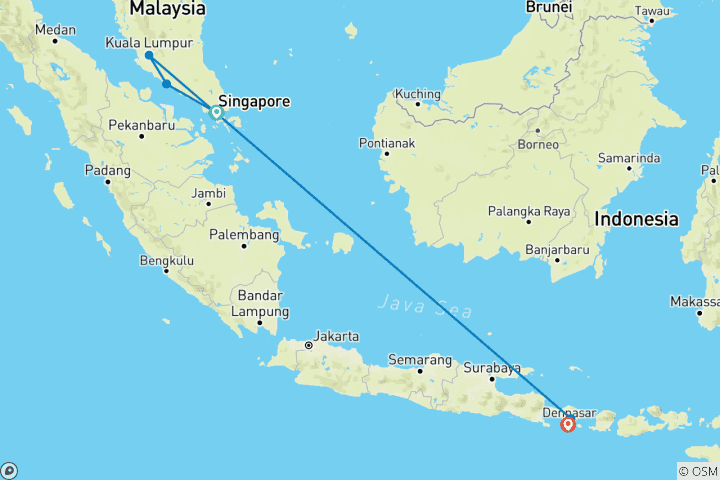 Map of 14 Days Singapore, Malaysia and Bali Family Tour (private guide & driver）