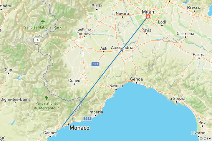 Map of 7 Day Nice and Milan by train