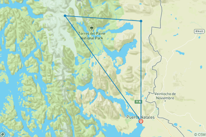 Map of Patagonia: Torres del Paine Classic W Trek (4 destinations)