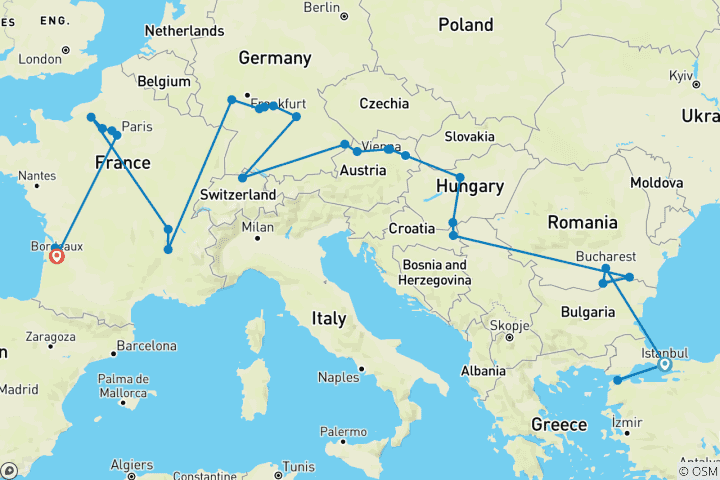 Mapa de Gran Viaje de Este a Oeste: De Estambul a Burdeos