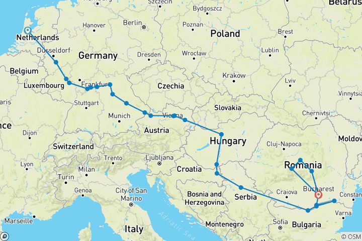 Map of North Sea to Black Sea with Transylvania 2026 - 27 Days (from Amsterdam to Bucharest)