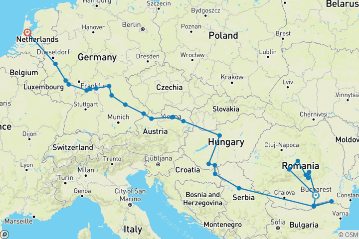 Map of North Sea to Black Sea with Transylvania 2026 - 27 Days (from Bucharest to Amsterdam)