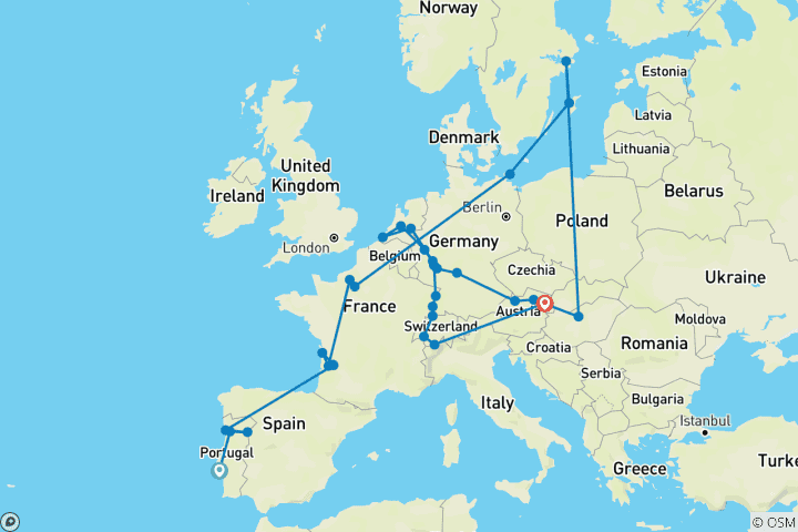 Mapa de Gran Viaje Tesoros de Europa: De Portugal a Suiza