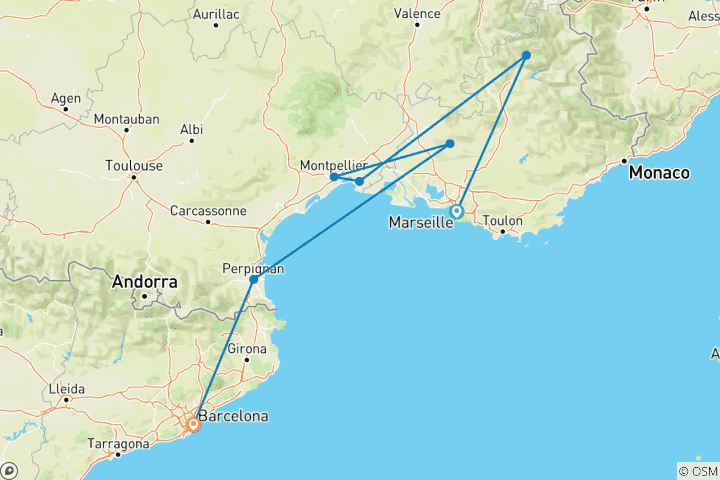 Mapa de El sur desconocido de Francia: del Mediterráneo a los Pirineos