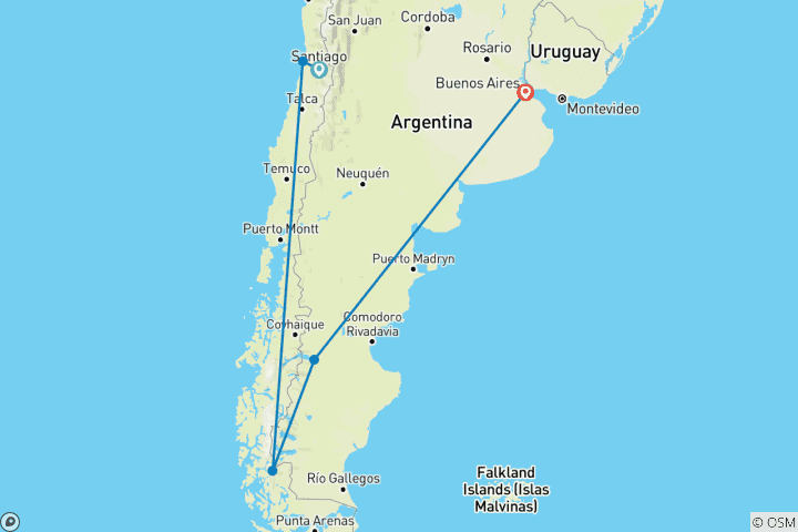 Carte du circuit Découvrir l'Argentine et le Chili