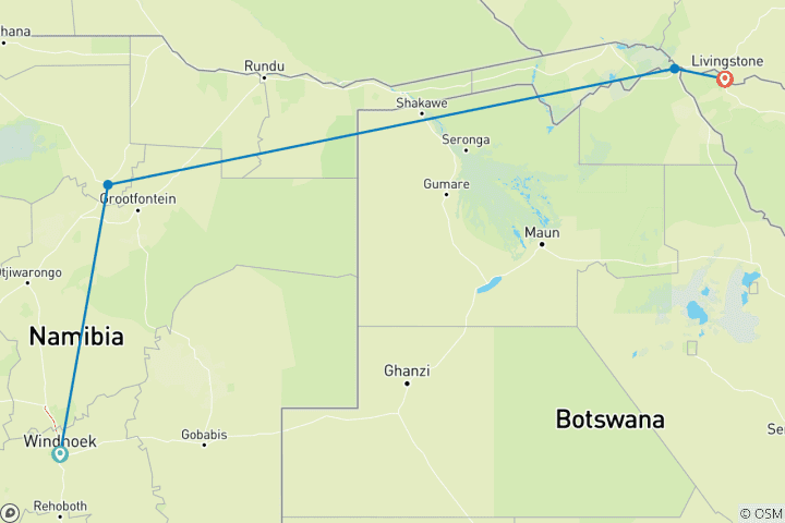 Karte von Namibia - von Windhoek zu den Victoria-Fällen