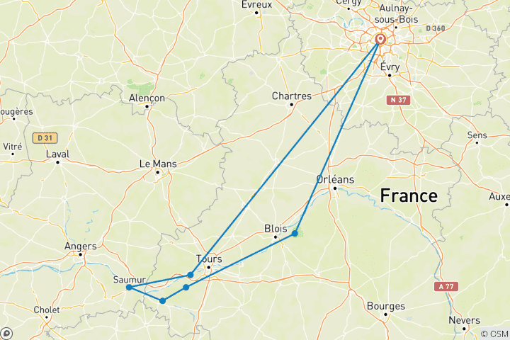 Carte du circuit Les châteaux de la Loire à vélo électrique