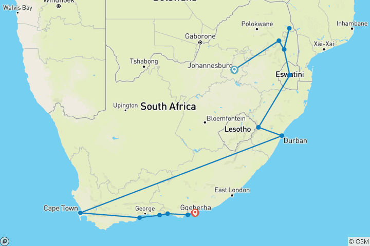 Karte von Südafrika auf Schritt und Tritt