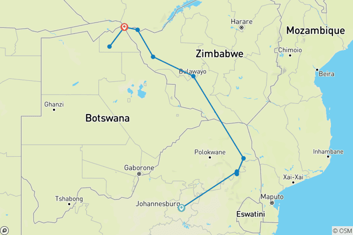 Carte du circuit Afrique du Sud, Zimbabwe et Botswana