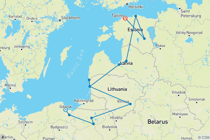 Carte du circuit La côte baltique - de la Pologne aux pays baltes en petit groupe