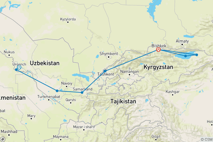 Karte von Usbekistan und Kirgisistan - auf den Spuren alter Karawanen