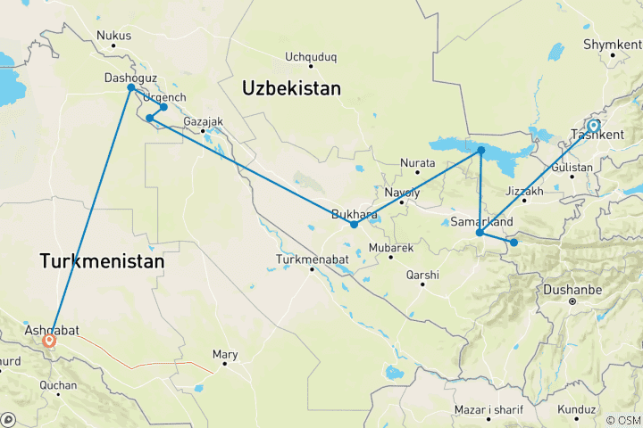 Kaart van Fascinerend Oezbekistan met Turkmenistan