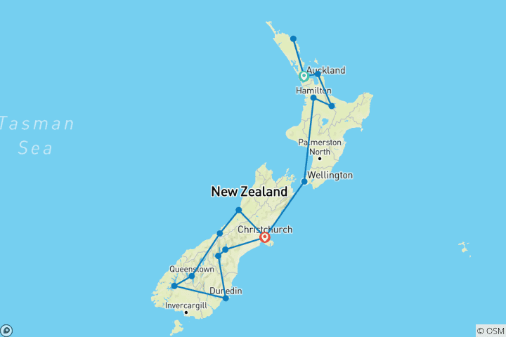 Karte von Neuseeland mit der Bahn inklusive Bay of Islands