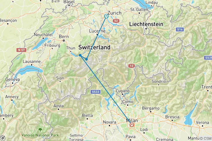 Map of 7 Day Zurich And Milan By Train including Grindelwald and Interlaken