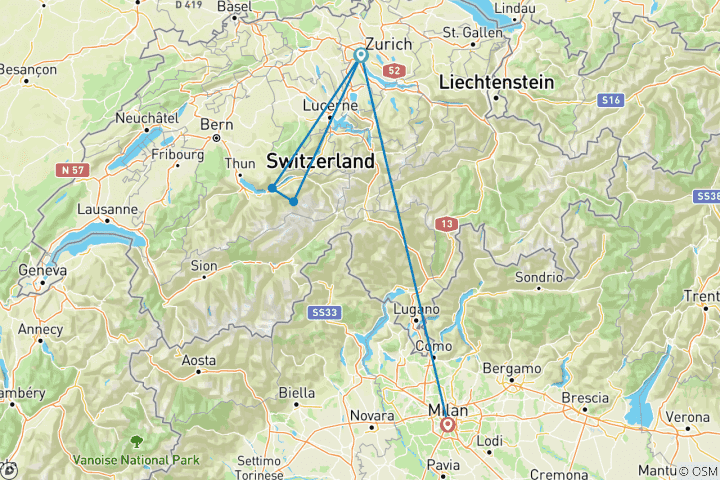 Carte du circuit 7 jours de train entre Zurich et Milan, y compris Grindelwald et Interlaken