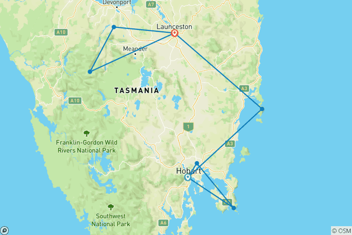 Carte du circuit 3 JOURS MAGIQUES EN TASMANIE : UN PARADIS TROPICAL