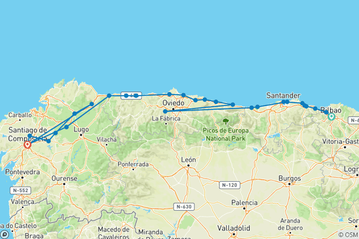 Karte von Camino Norte Bilbao nach Santiago