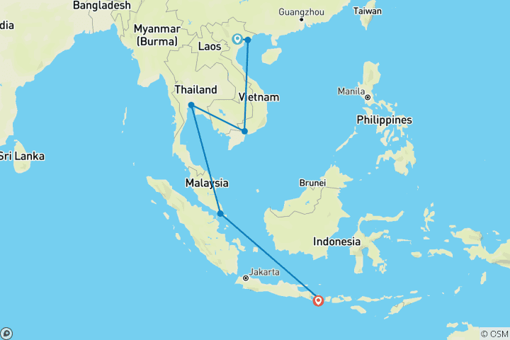 Mapa de Viaje familiar de 19 días a Vietnam, Tailandia, Singapur y Bali (guía y conductor privados）Personalizable