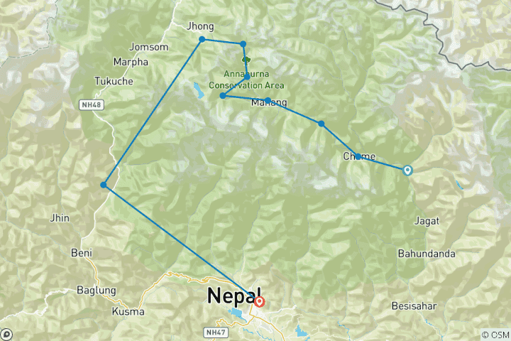 Map of Annapurna Circuit with Tilicho Lake