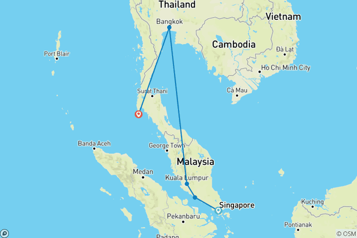 Map of 14 Days Perfect Blend of Singapore, Malaysia and Thailand Family Tour (private guide & driver）