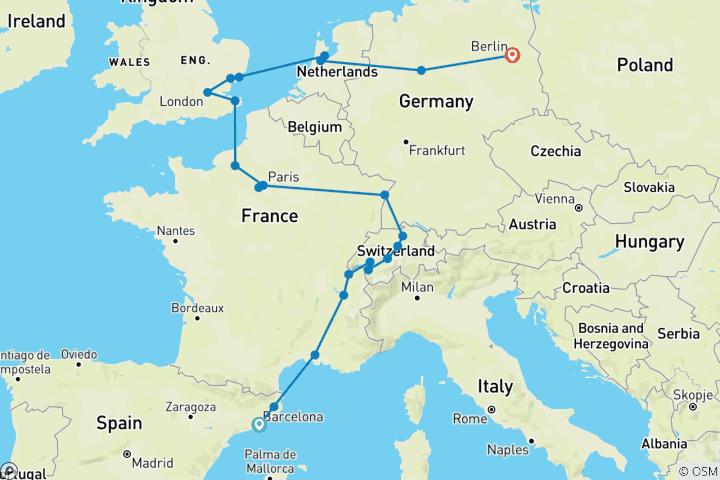 Map of Wonderful Holidays end Berlin Tour from Barcelona in 15 days