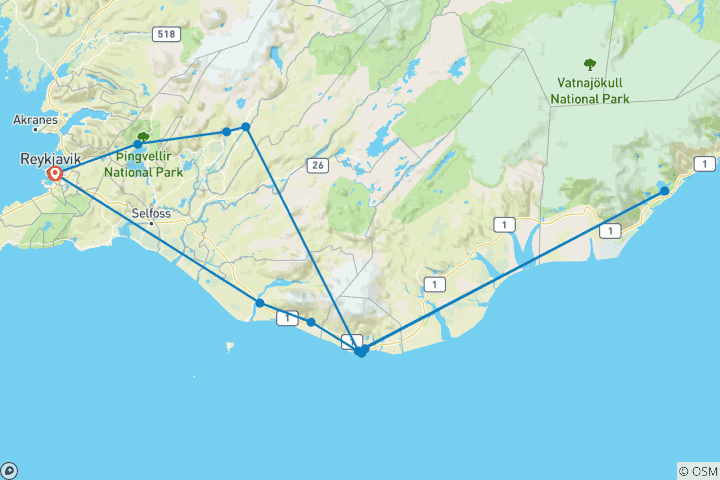 Map of Iceland in 3 Days: Golden Circle, South Coast & Glacier Lagoon Small-Group Tour with optional Ice Cave tour