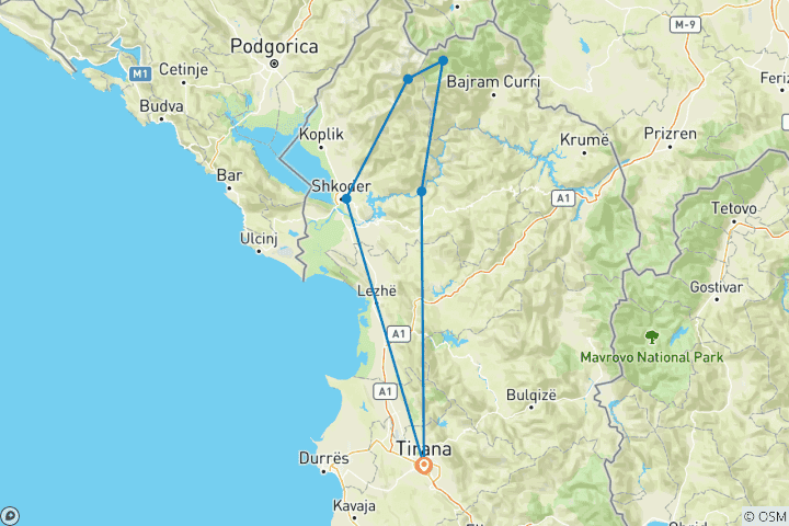 Map of 4 Day Hiking Tour of Albanian Alps