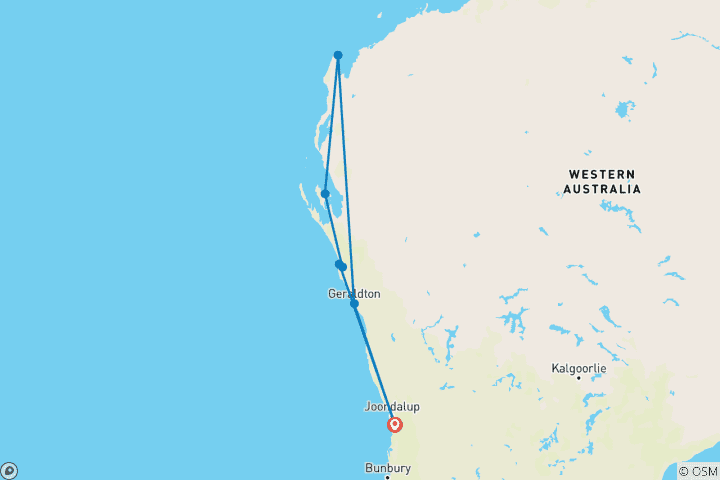 Map of Western Australia: Perth, Kalbarri, Monkey Mia, Coral Bay, Exmouth & Geraldton – 7 Days