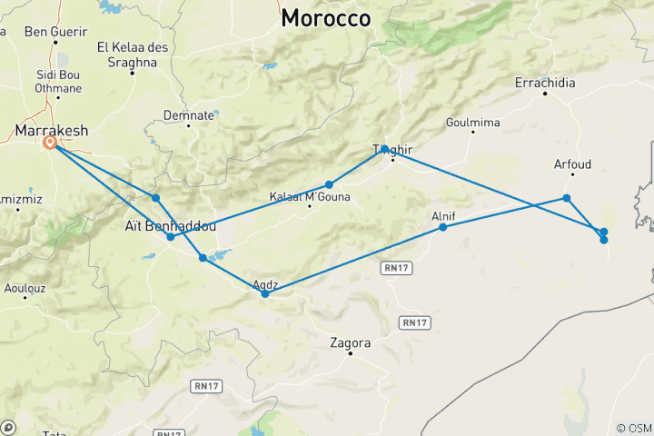Carte du circuit Circuit privé de luxe de 5 jours dans le désert de Merzouga au départ de Marrakech