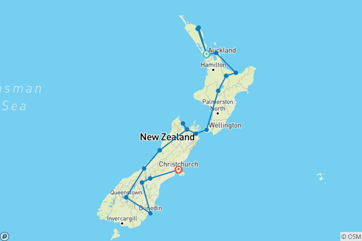 Karte von Neuseeland bewusst erleben von Auckland nach Christchurch