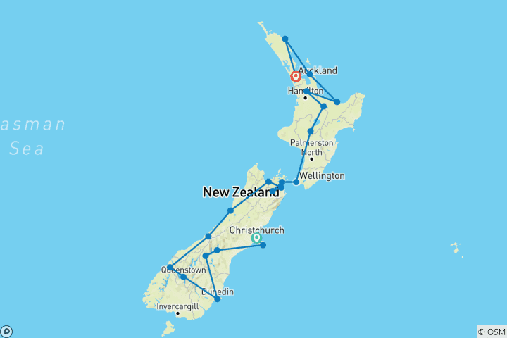 Karte von Neuseeland bewusst erleben von Christchurch nach Auckland