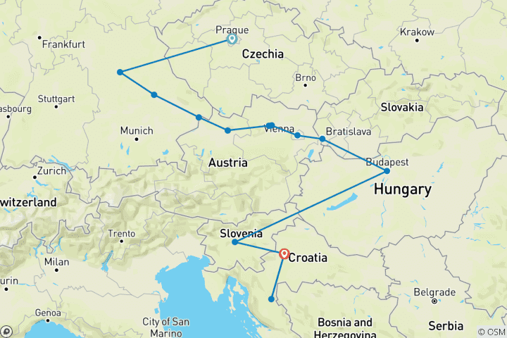 Map of Danube in Depth with Prague, Ljubljana & Zagreb 2026 - 17 Days (from Prague to Zagreb)