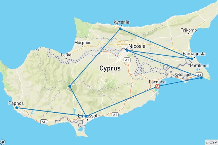 Kaart van Gepersonaliseerde 9-daagse Classi Cyprus rondreis, dagelijks vertrek (privégids en chauffeur)