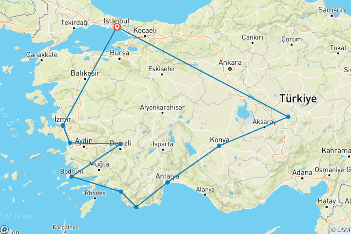 Kaart van 14-Daagse Engelen Vakantie in Turkije| Eersteklas rust & ontspanning! (Privé rondreis met gids)