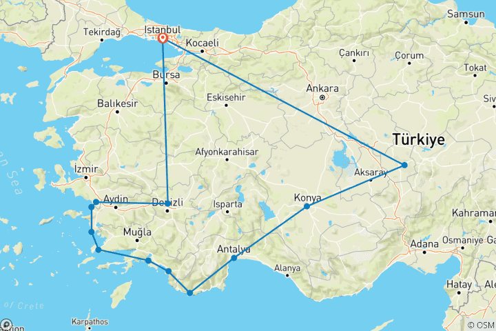 Carte du circuit 14 jours de vacances pour les anges en Turquie | Tranquillité et relaxation de premier ordre ! (Voyage privé VIP !)