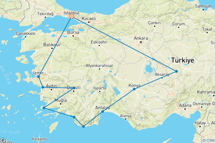 Kaart van 14-Daagse Engelen Vakantie in Turkije | Eersteklas rust & ontspanning! (VIP Privé Road Trip!)