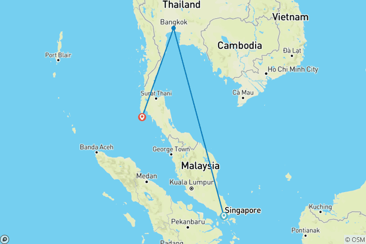 Carte du circuit 10 jours d'aventure familiale à Singapour et en Thaïlande (guide et chauffeur privés）)