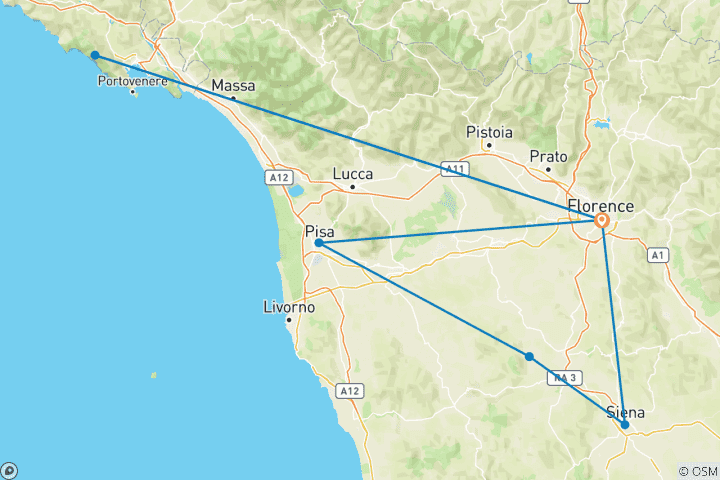 Carte du circuit Florence : L'incroyable Toscane et les Cinque Terre 2026 : Circuit indépendant avec visites quotidiennes partagées - Petit groupe
