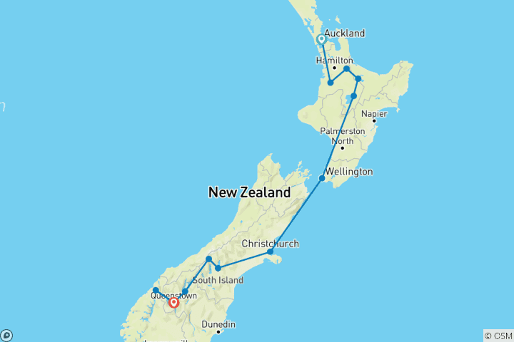 Carte du circuit DÉCOUVREZ LA NOUVELLE-ZÉLANDE EN 17 JOURS : ODYSSÉE À TRAVERS DES MERVEILLES NATURELLES ET DES AVENTURES INCROYABLES