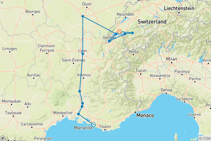 Map of Sensations of Lyon & Provence with Swiss Wonders 2026 - 12 Days (from Marseille to Lausanne)